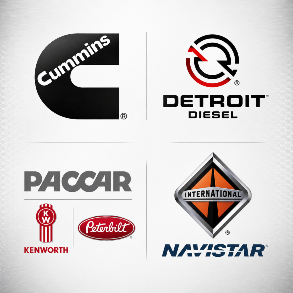 Logos of Cummins, Detroit Diesel, Kenworth, Peterbilt, and International for diesel engine overhaul Mena AR services